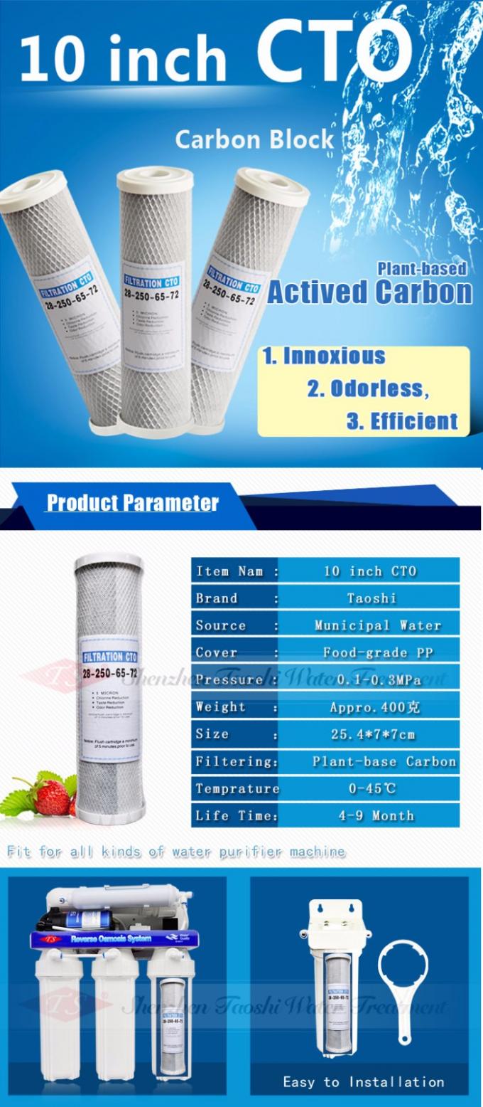 10'' CTO Activated Carbon Filter Cartridge 45 Degree Water Temperature